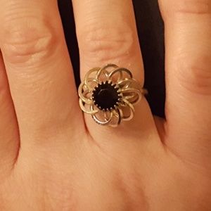 (Sarah Coventry) Silver tone ring with black stone